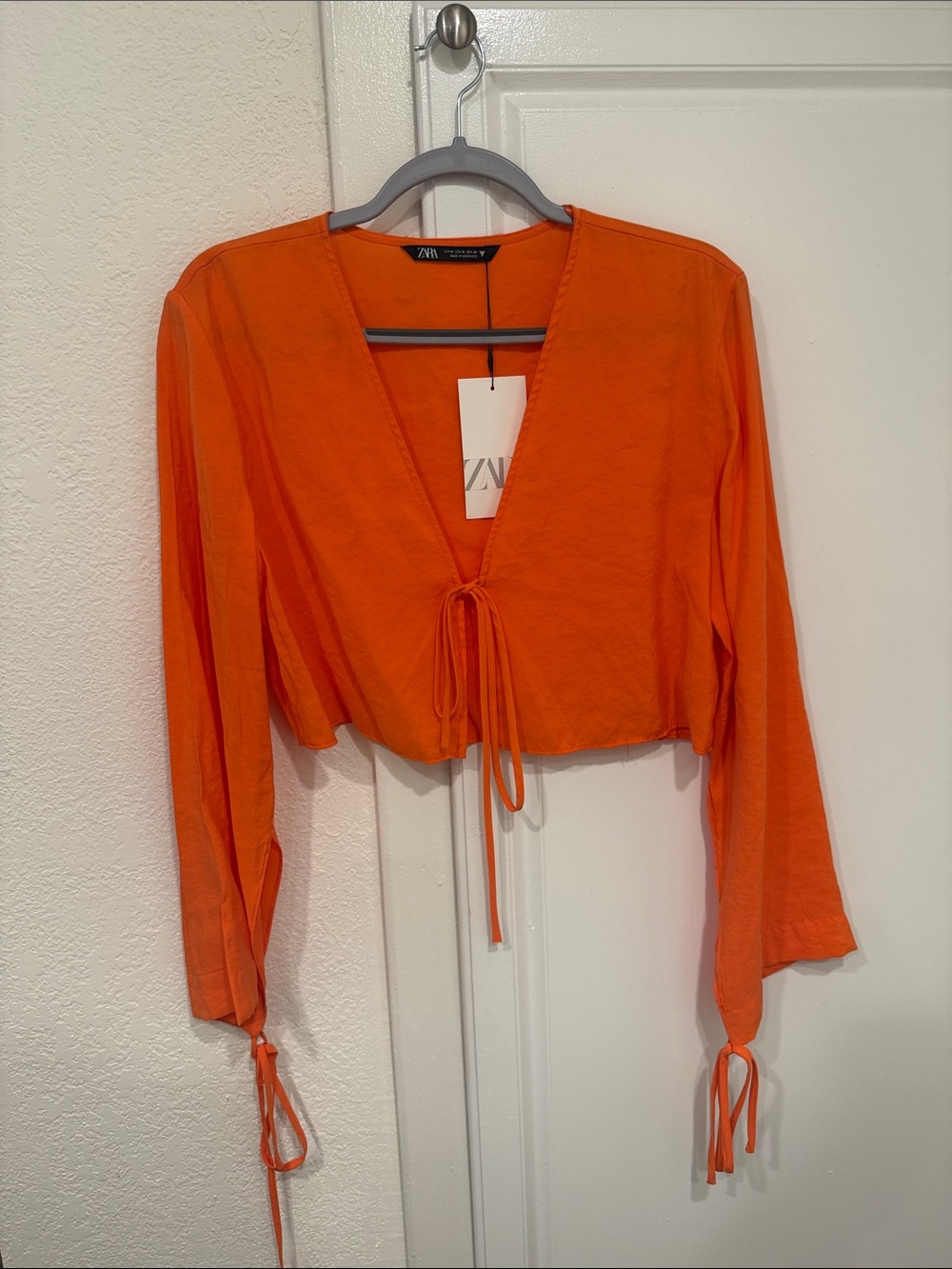 Zara Bright Orange Tie-Front Cropped Blouse